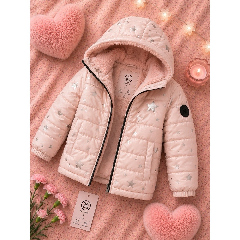 SAGE Collective Girls Pink Hooded Puffer Jacket Zip Star Print Size 6 Winter